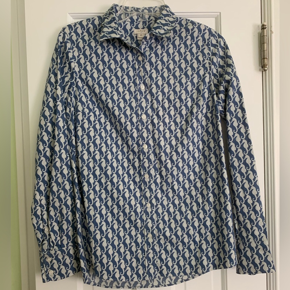 J Crew Factory Blue and White Seahorse Button Down